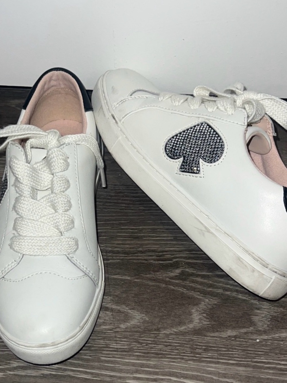 kate spade White Leather Sneakers with Black Spade and Pink Lining